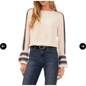 NWT Vince Camuto Black and Ivory Long Sleeve Blouse with Striped Cuffs (xs)